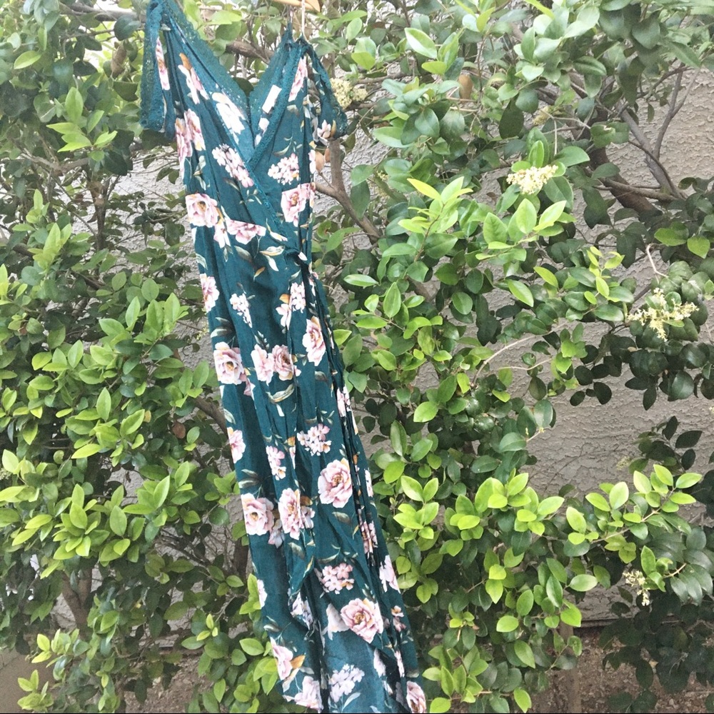 Forever 21 emerald green pink floral lace maxi dress women’s - Picture 4 of 5